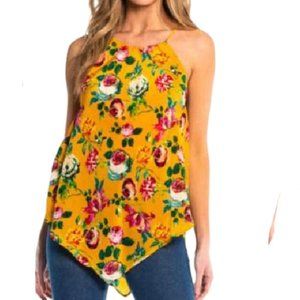 NWT- TOLANI- "Meg" Silk Floral Hanky Hem Top- Mustard/Floral